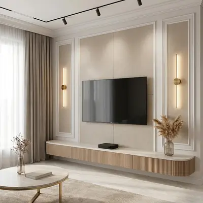 Modern TV unit with beige fabric wall panels and fluted wooden laminate floating cabinet