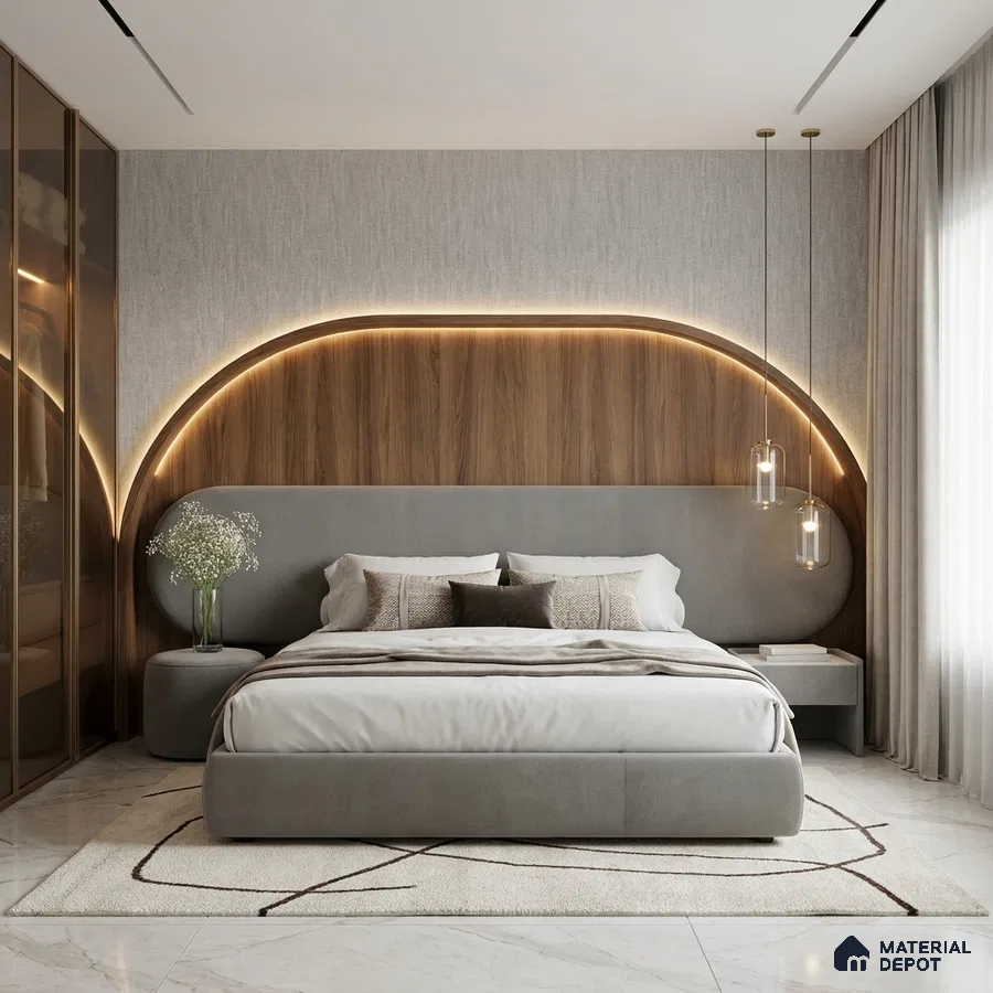 Modern bedroom with walnut wood panel headboard, grey suede upholstered bed, and marble floor tiles