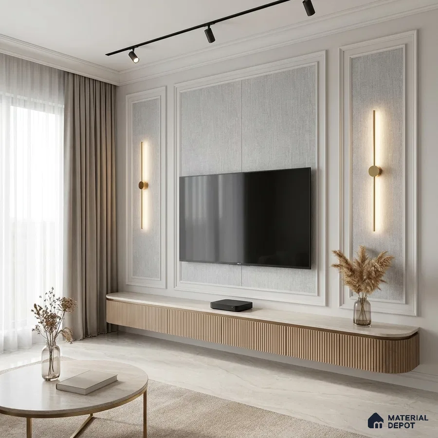 Minimalist living room with fluted wood laminate TV unit and marble-look floor tile