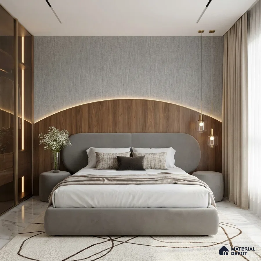Modern bedroom with walnut wood panel headboard, grey suede upholstered bed, and marble floor tile