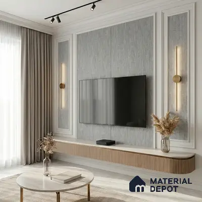 Modern living room with grey textured wall panels, fluted wood laminate TV unit, and marble top coffee table