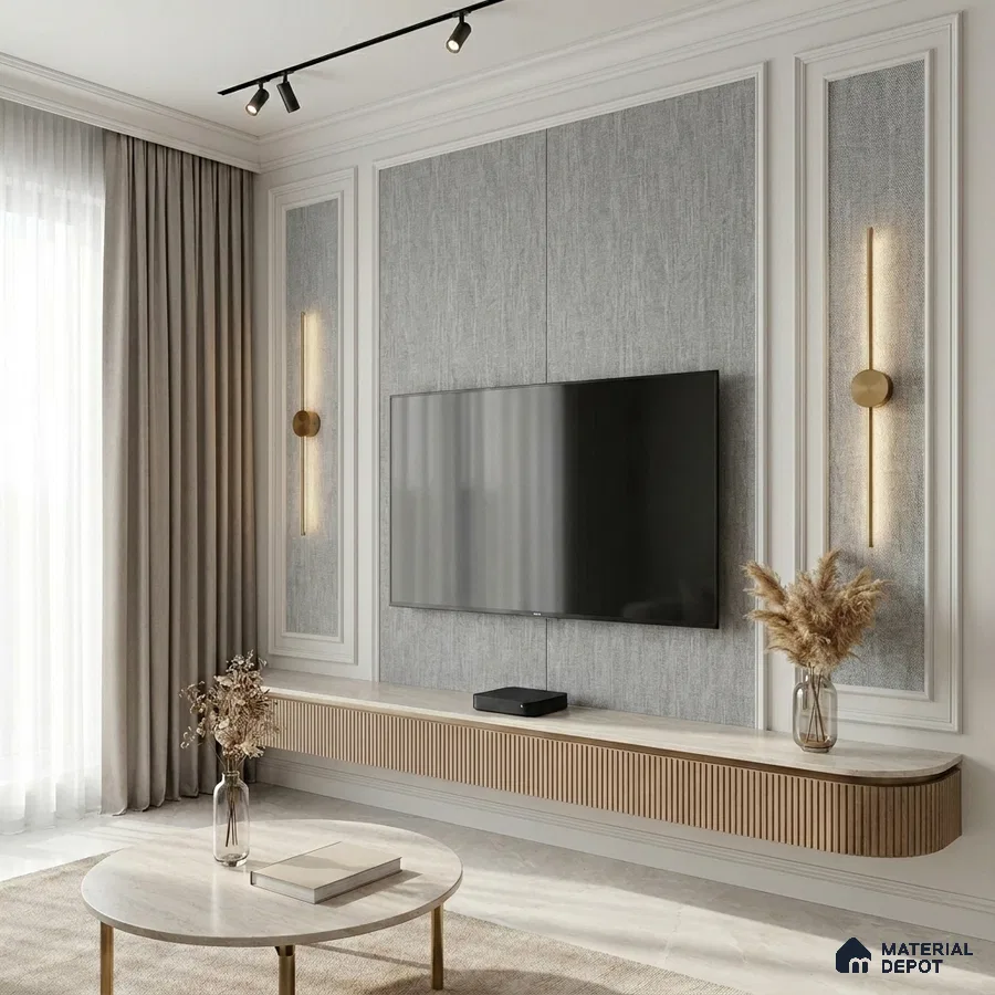 Modern living room with grey textured wall panels, fluted wood laminate TV unit, and marble top coffee table