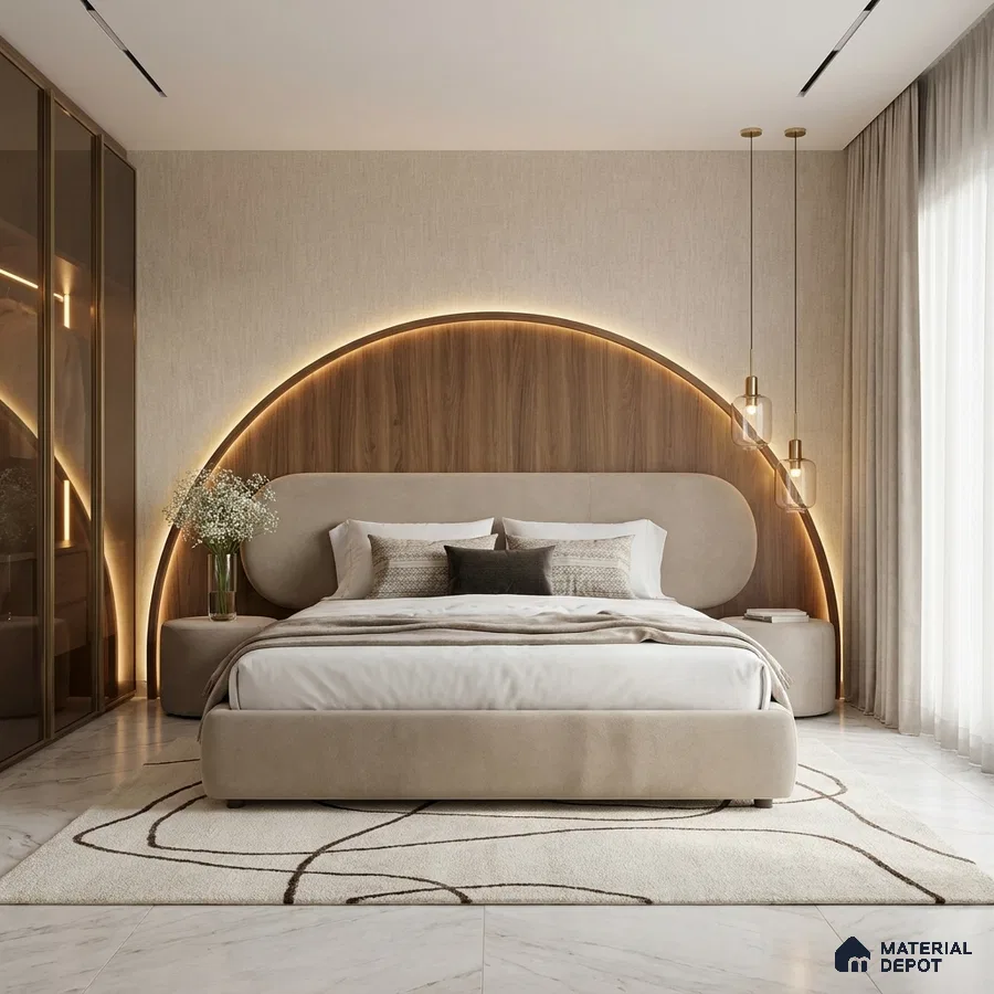 Modern bedroom with suede upholstered bed, walnut wood accent headboard, and marble floor tile
