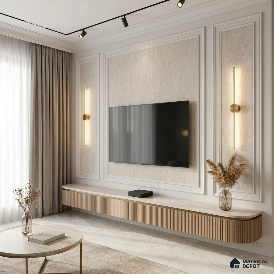 Modern living room with fluted wood laminate TV unit and beige textured wall panels