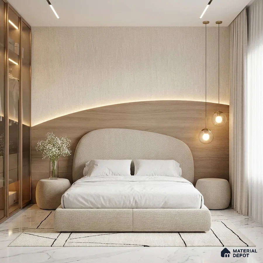Minimalist bedroom with light wood panel accent wall, beige fabric bed, and white marble floor tile