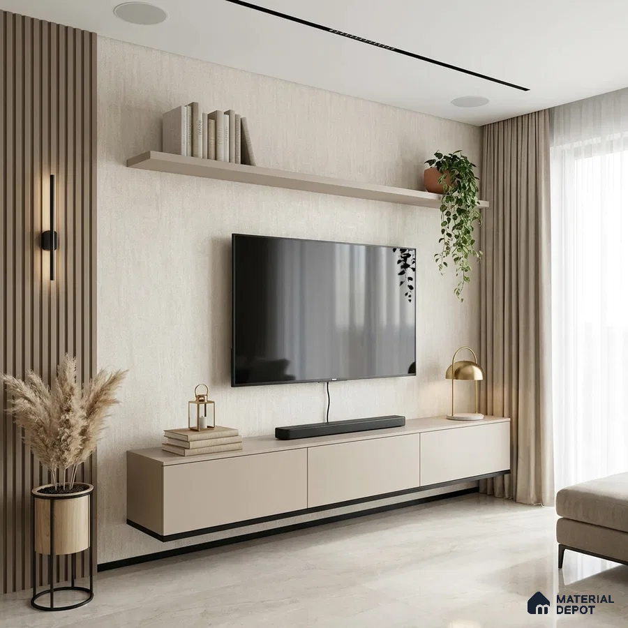Minimalist living room with beige matte laminate TV unit, vertical wood louvers, and marble floor tile