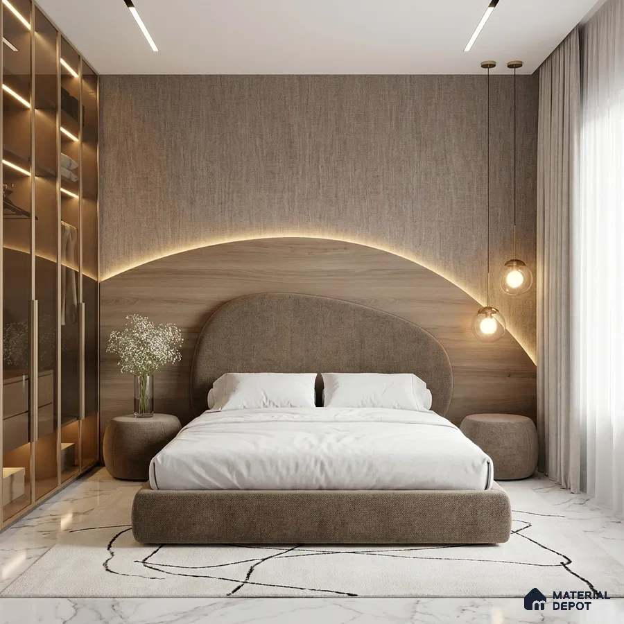Minimalist bedroom with fabric upholstered bed, light wood panel accent wall, and marble floor tiles