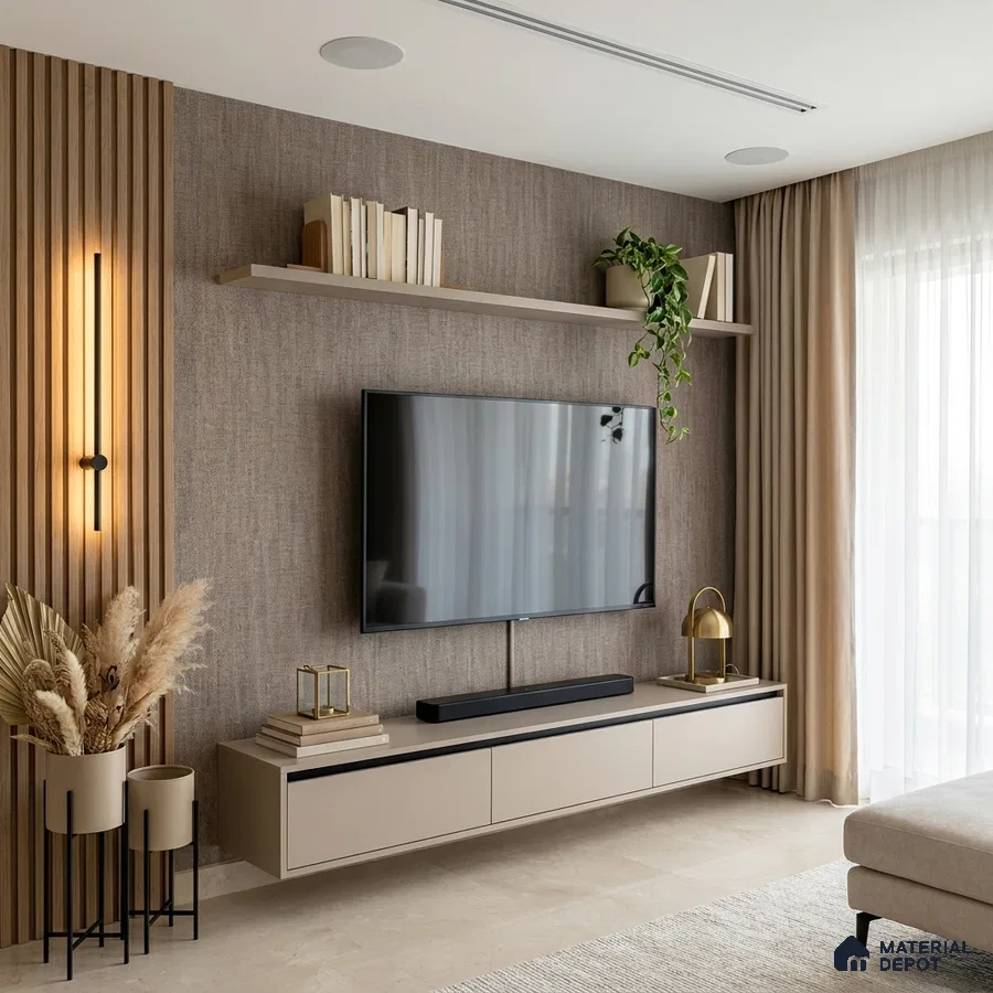 Modern living room with beige matte laminate TV unit, wooden fluted wall panels, and textured wallpaper