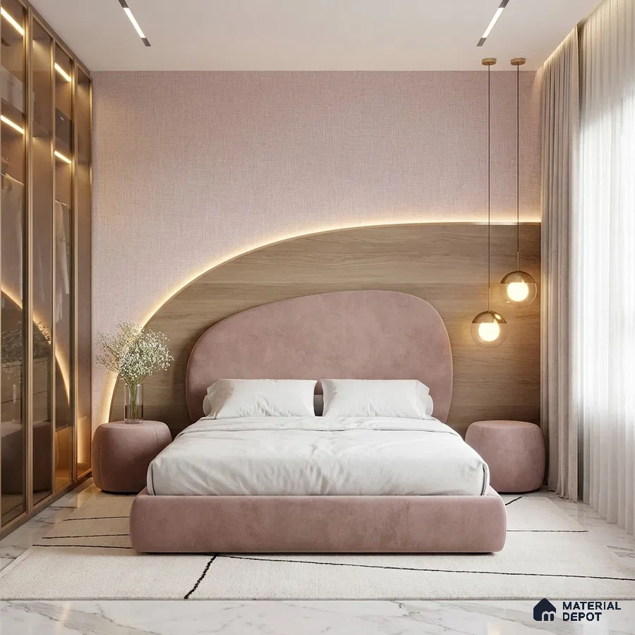 Minimalist bedroom with blush pink suede bed, light oak laminate headboard, and marble floor tile