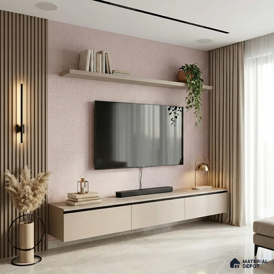 Minimalist TV unit with beige matte laminate, fluted wood panels, and textured pastel wallpaper