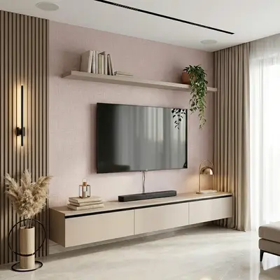 Minimalist TV unit with beige matte laminate, fluted wood panels, and textured pastel wallpaper