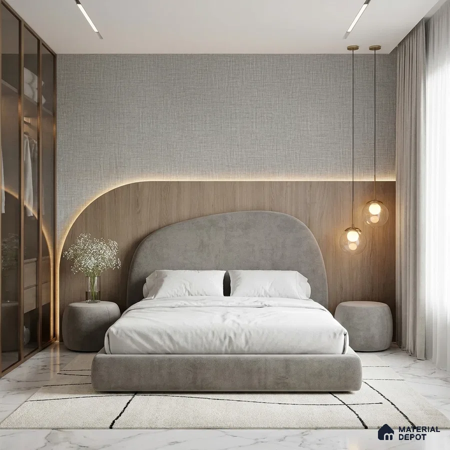 Minimalist bedroom with suede upholstered bed, light wood panel accent wall, and marble floor tile