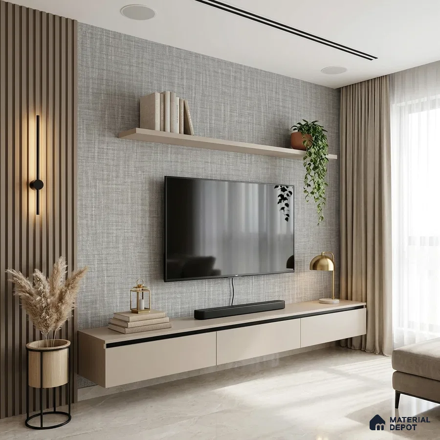 Modern living room with beige floating TV unit, fluted wall panels, and textured grey wallpaper