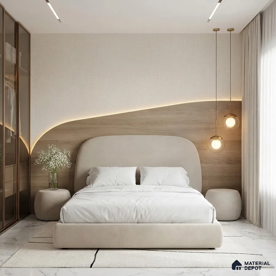 Minimalist bedroom with beige suede upholstered bed, light wood panel accent wall, and white marble floor tile