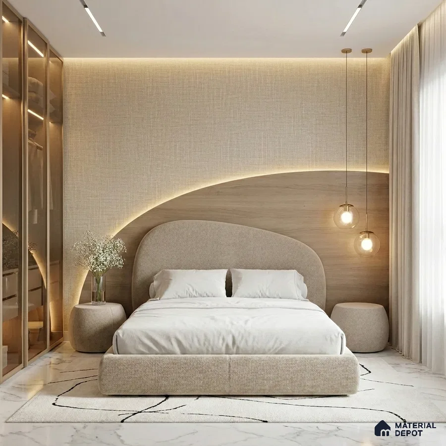Minimalist bedroom with beige fabric upholstery, light oak wood panel headboard, and marble floor tile