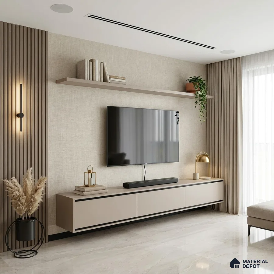 Modern living room with beige matte laminate TV unit, wooden fluted wall panels, and marble floor tiles