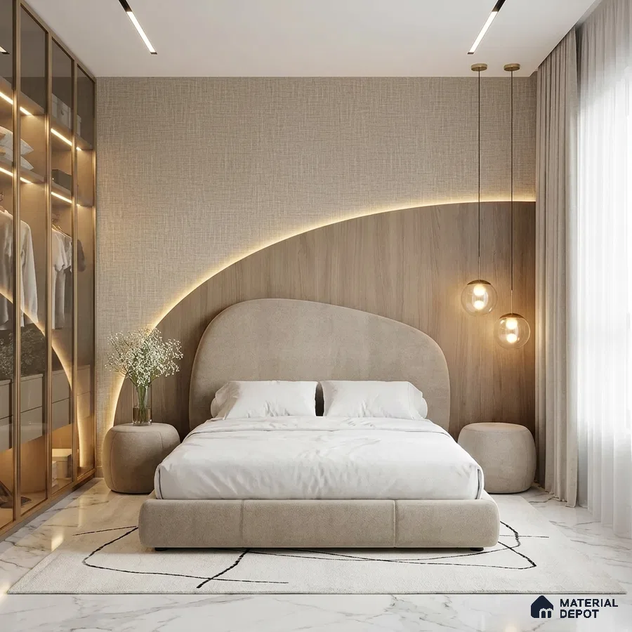 Minimalist bedroom with beige suede upholstered bed, light wood panel accent wall, and white marble flooring