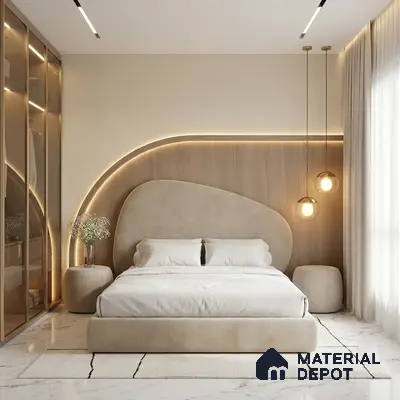 Minimalist bedroom with suede upholstered bed, light wood panel headboard, and white marble floor tile