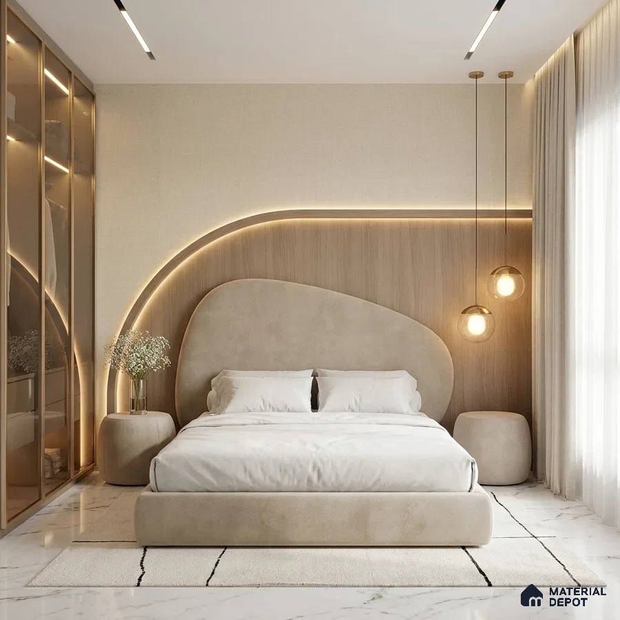 Minimalist bedroom with suede upholstered bed, light wood panel headboard, and white marble floor tile