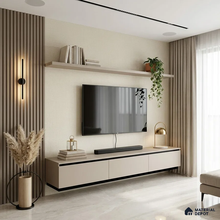 Modern TV unit with beige matte laminate, fluted wood panels, and marble look floor tile