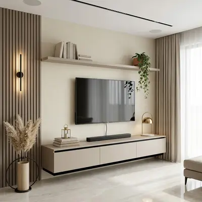 Modern TV unit with beige matte laminate, fluted wood panels, and marble look floor tile