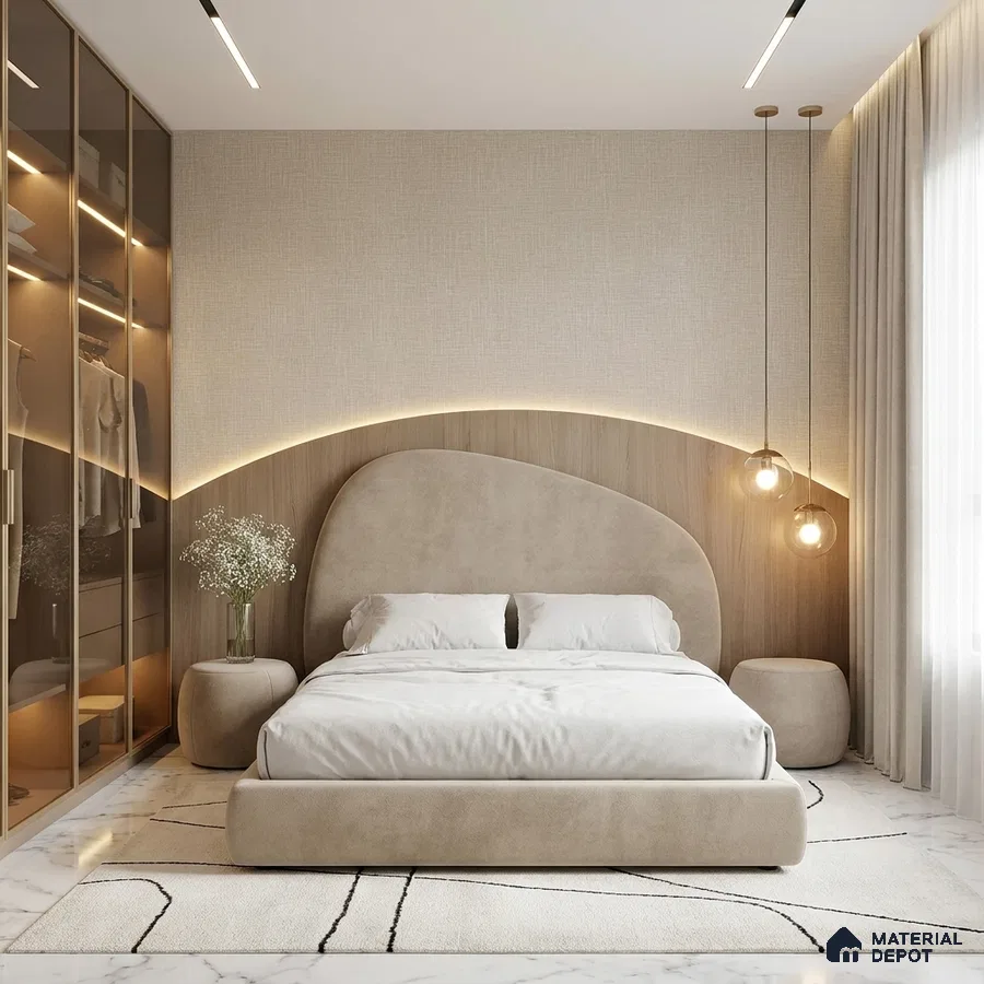 Minimalist bedroom with suede upholstered bed, light wood panel accent wall, and marble floor tile