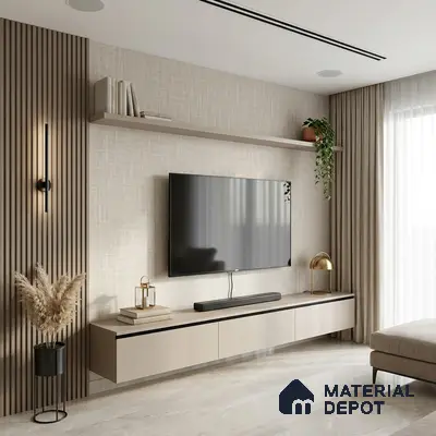 Modern TV unit with beige matte laminate, wooden fluted panels, and marble look floor tile