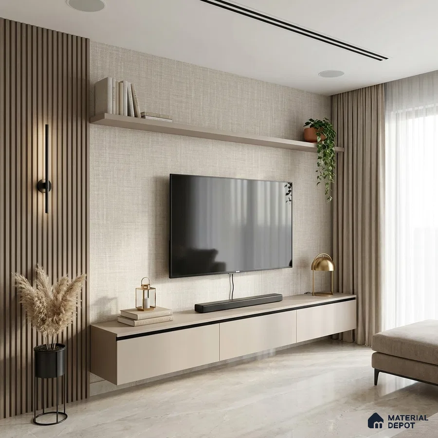 Modern TV unit with beige matte laminate, wooden fluted panels, and marble look floor tile