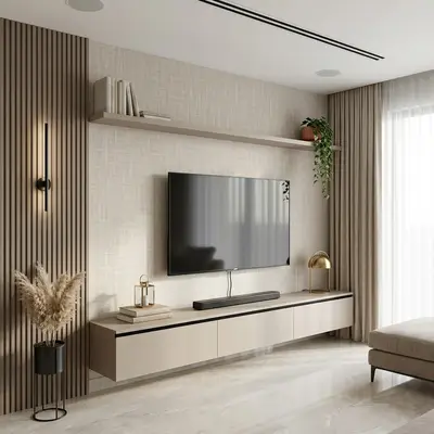 Modern TV unit with beige matte laminate, wooden fluted panels, and marble look floor tile