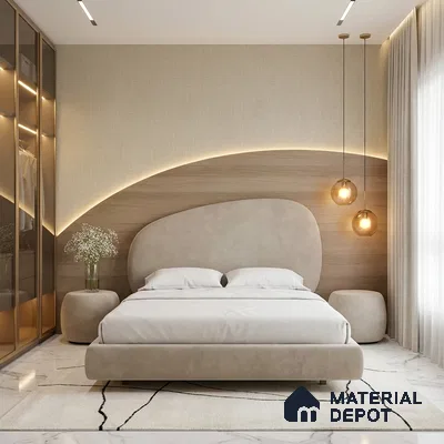 Minimalist bedroom with beige suede upholstered bed, light wood accent wall, and marble floor tile