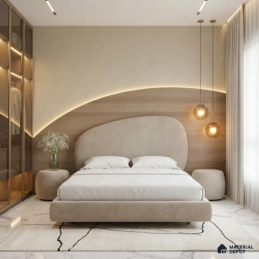 Minimalist bedroom with beige suede upholstered bed, light wood accent wall, and marble floor tile