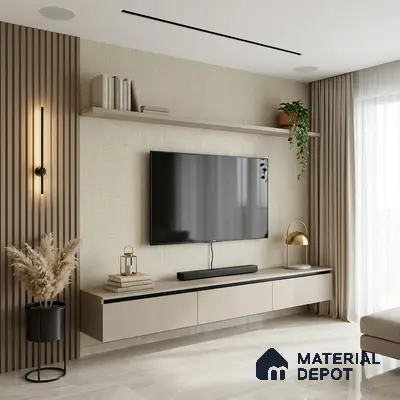 Minimalist TV unit with beige matte laminate, taupe fluted wall panels, and marble floor tile