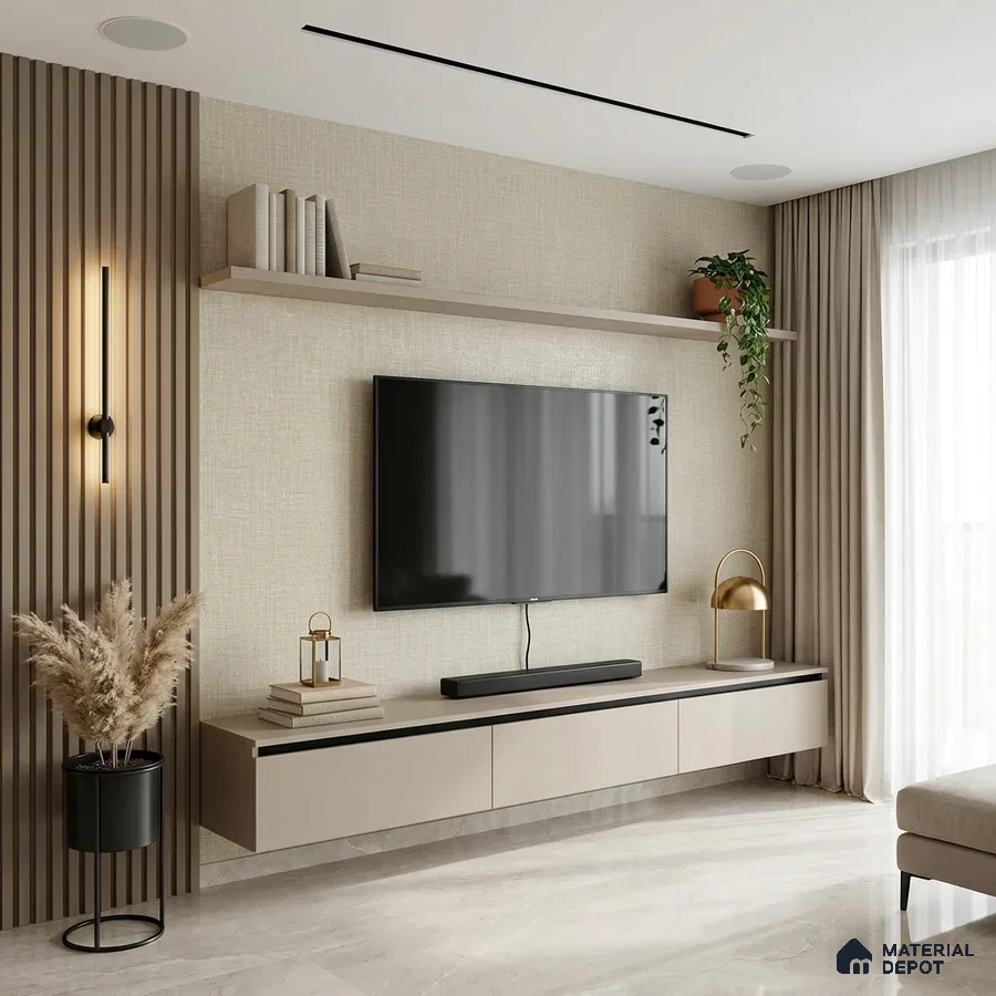 Minimalist TV unit with beige matte laminate, taupe fluted wall panels, and marble floor tile