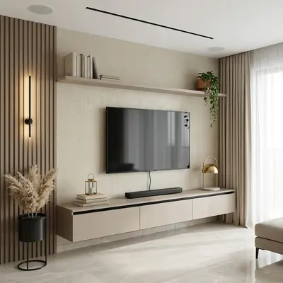 Minimalist TV unit with beige matte laminate, taupe fluted wall panels, and marble floor tile