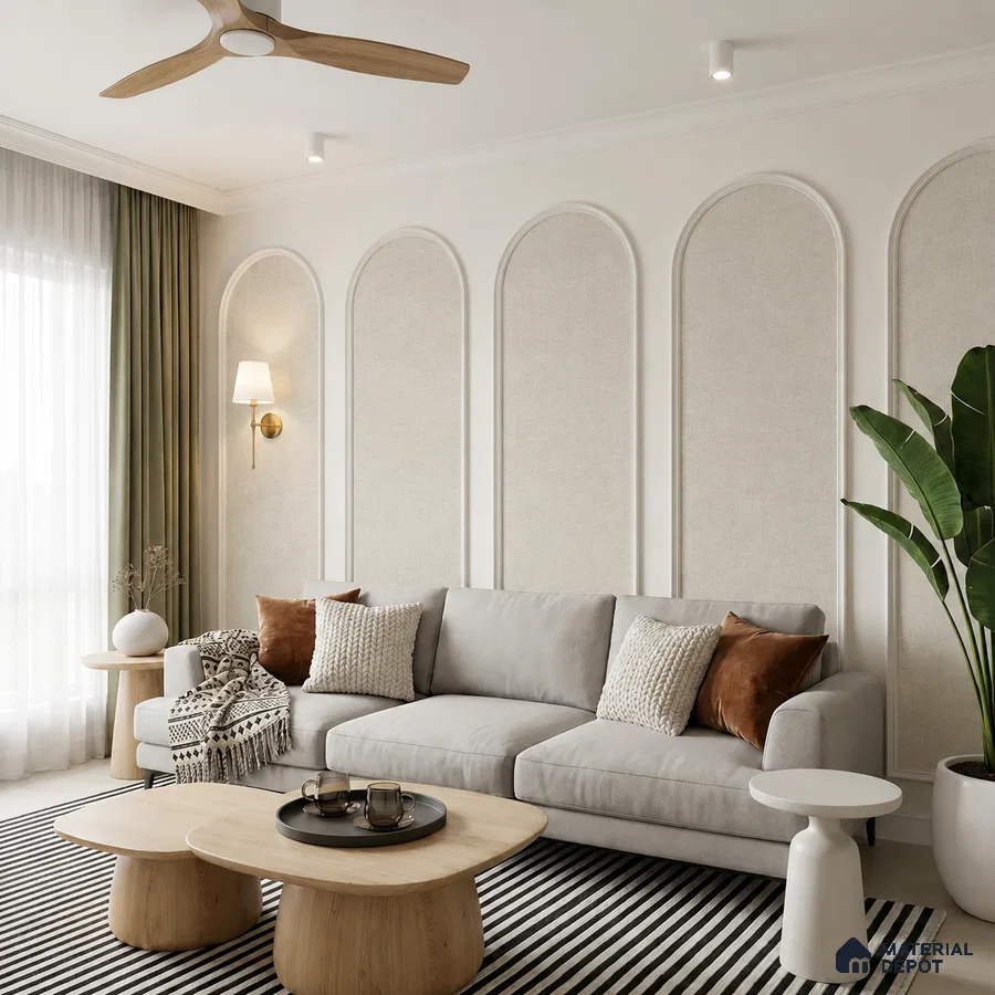 Scandinavian living room with beige fabric wall panels, light wood coffee tables, and striped rug