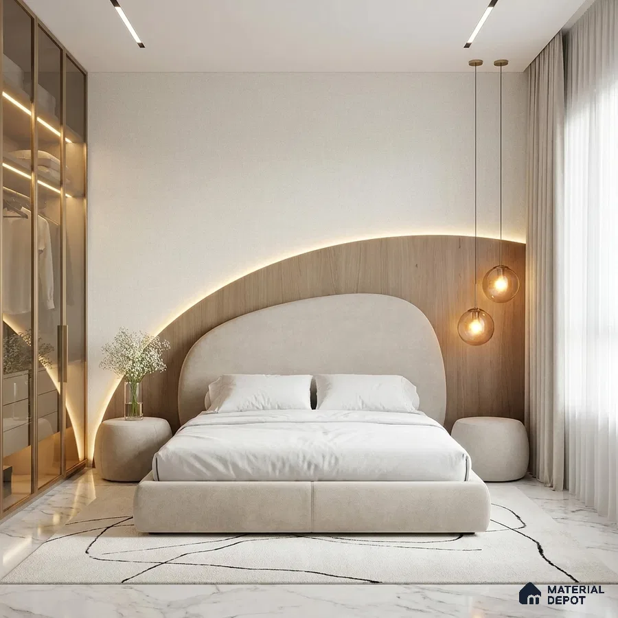 Minimalist bedroom with suede upholstered bed, light wood accent wall, and white marble flooring