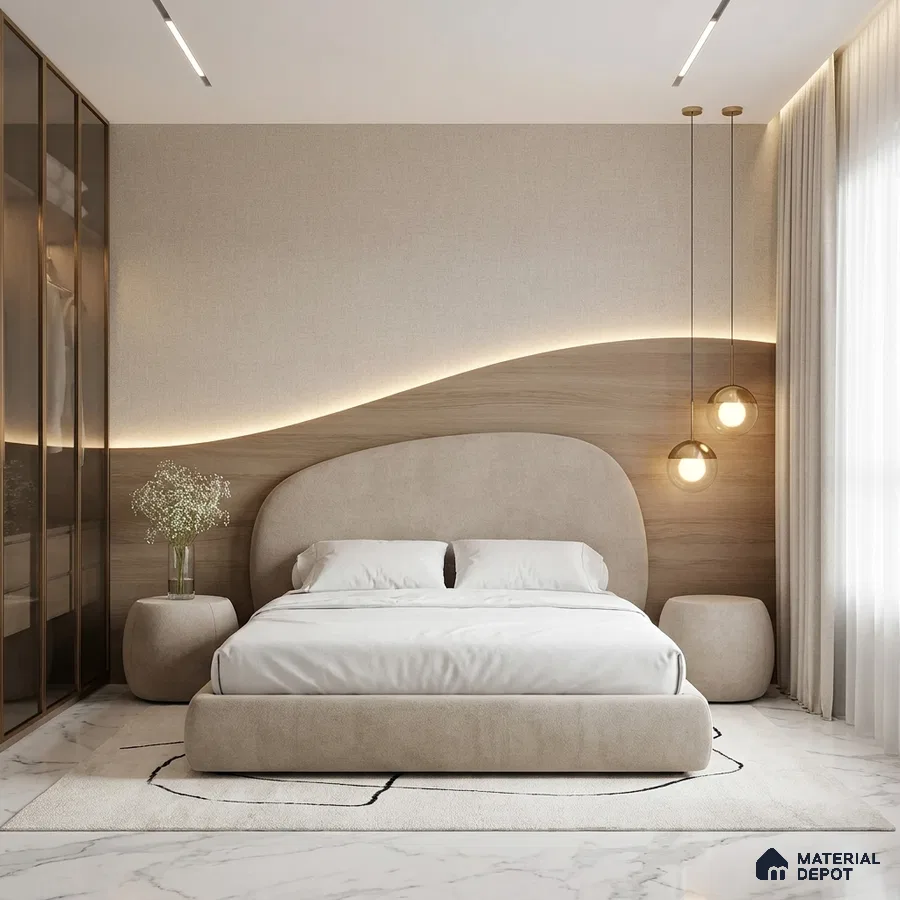 Minimalist bedroom with suede upholstered bed, light wood accent wall, and marble floor tile