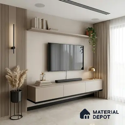 Modern TV unit with beige matte laminate, vertical fluted wall panels, and marble floor tile