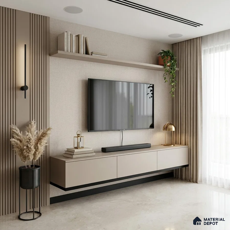 Modern TV unit with beige matte laminate, vertical fluted wall panels, and marble floor tile