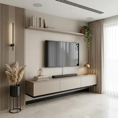 Modern TV unit with beige matte laminate, vertical fluted wall panels, and marble floor tile