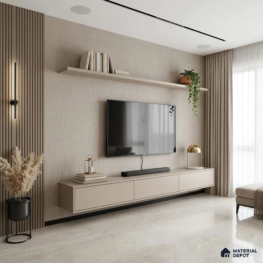 Minimalist living room with beige matte laminate TV unit, fabric wallpaper, and marble floor tile