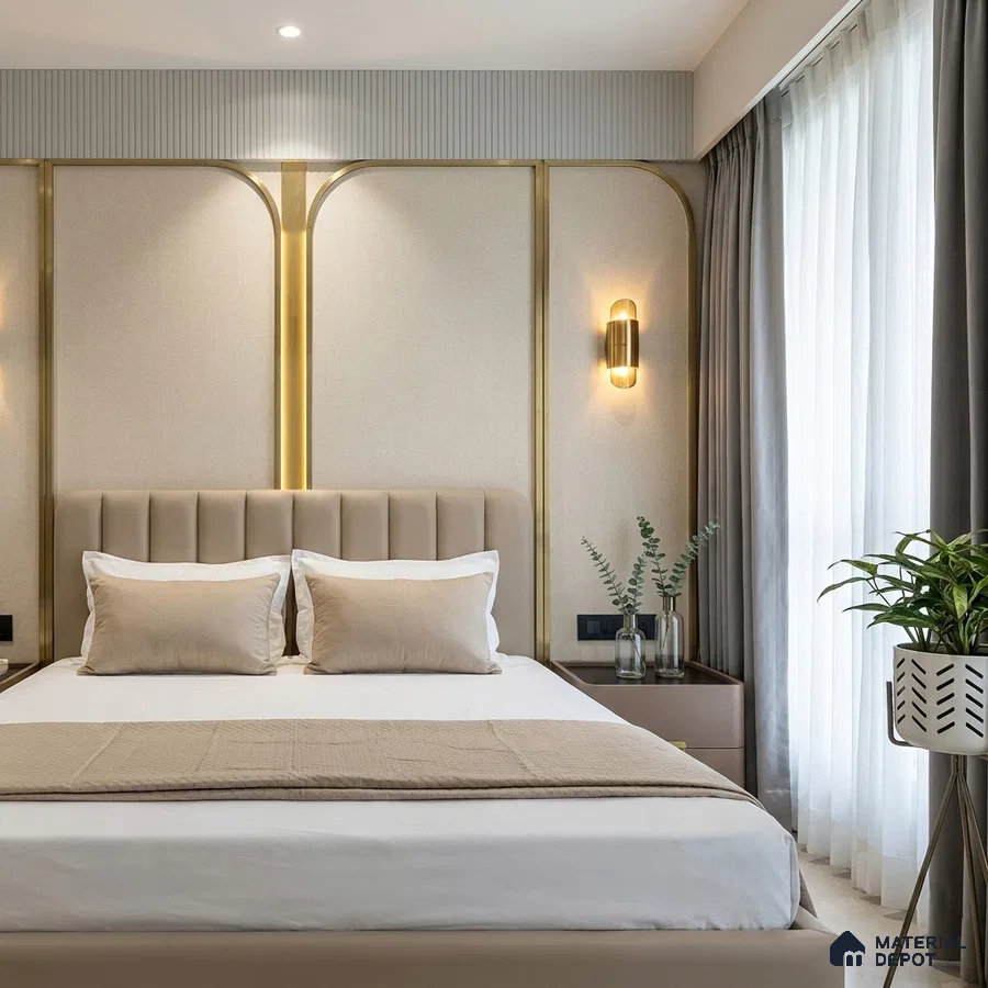 Modern bedroom with beige suede upholstered bed, fabric wall panels, and gold accent trims