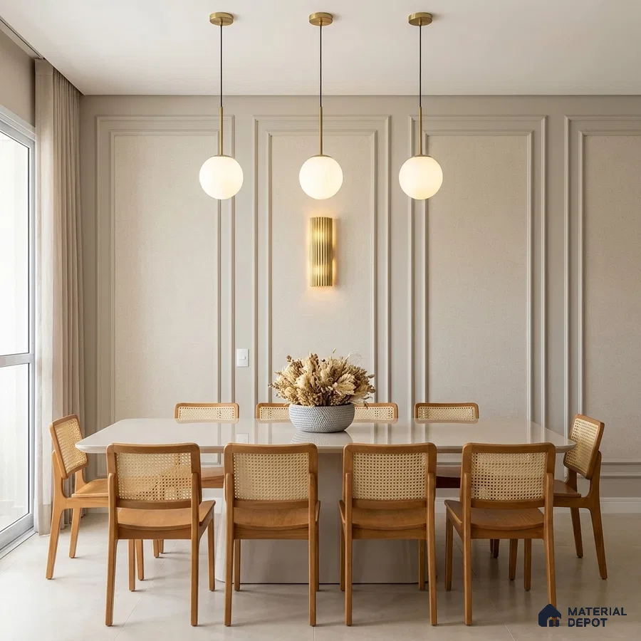 Scandinavian dining room with beige wall panels and natural wood cane chairs