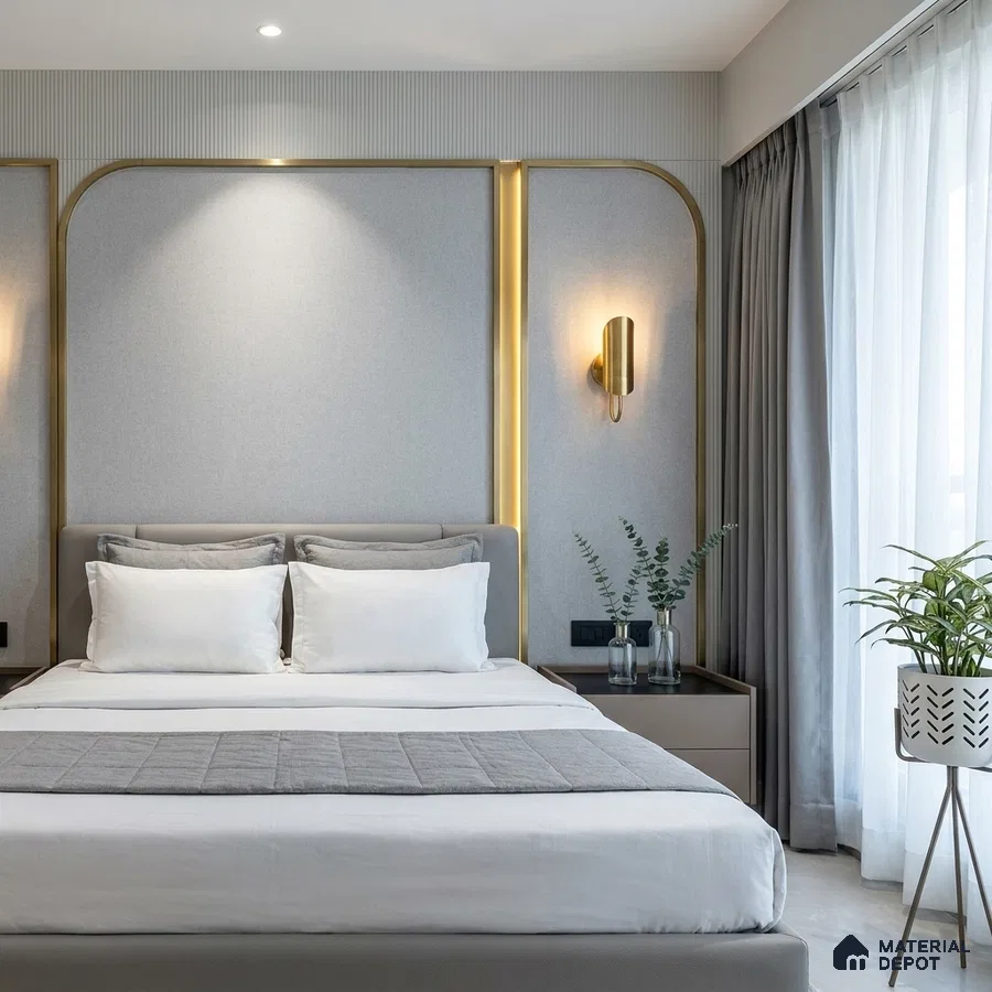 Modern bedroom with grey fabric wall panels, gold accent profiles, and neutral palette