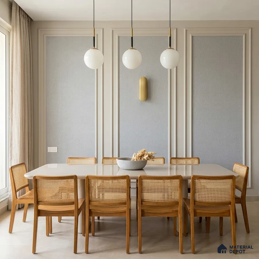 Scandinavian dining room with natural wood cane chairs and beige stone tabletop