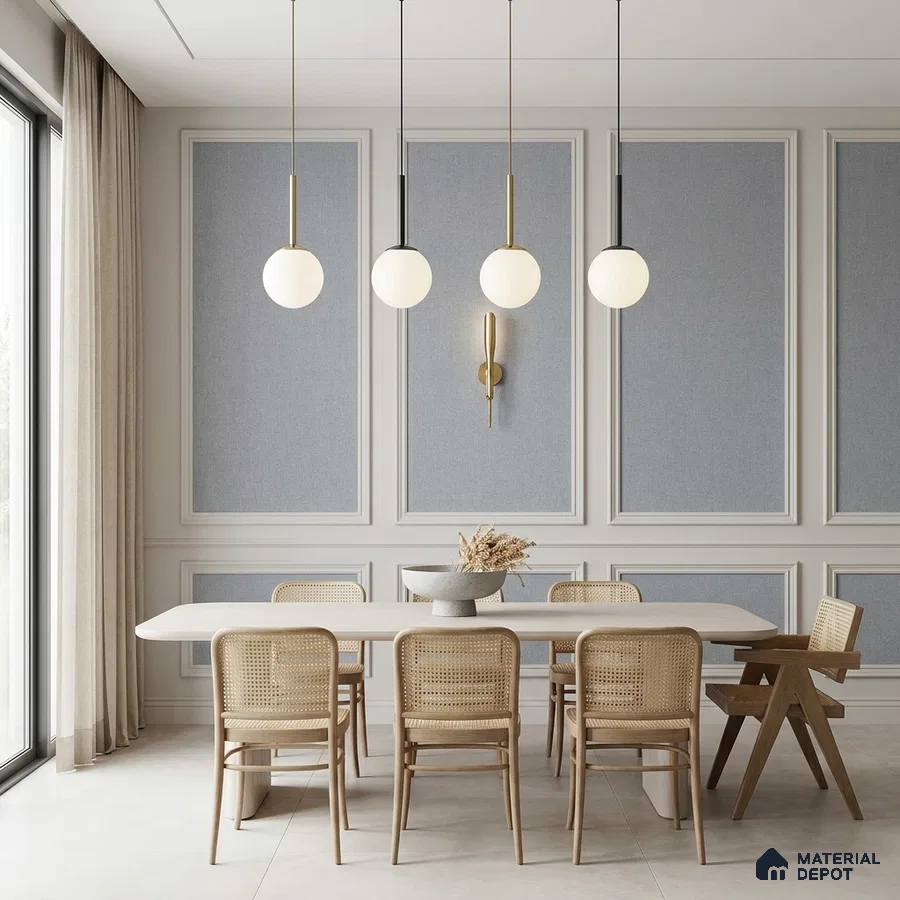 Scandinavian dining room with light wood cane chairs and fabric wall panels