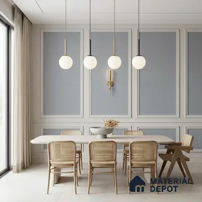 Scandinavian dining room with light wood cane chairs and fabric wall panels