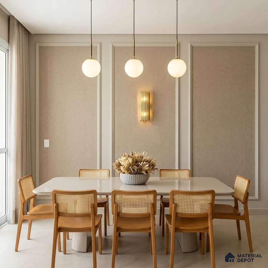 Scandinavian dining room with light oak wood chairs, beige fabric wall panels, and ivory stone tabletop