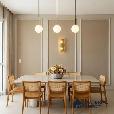 Scandinavian dining room with light oak wood chairs, beige fabric wall panels, and ivory stone tabletop