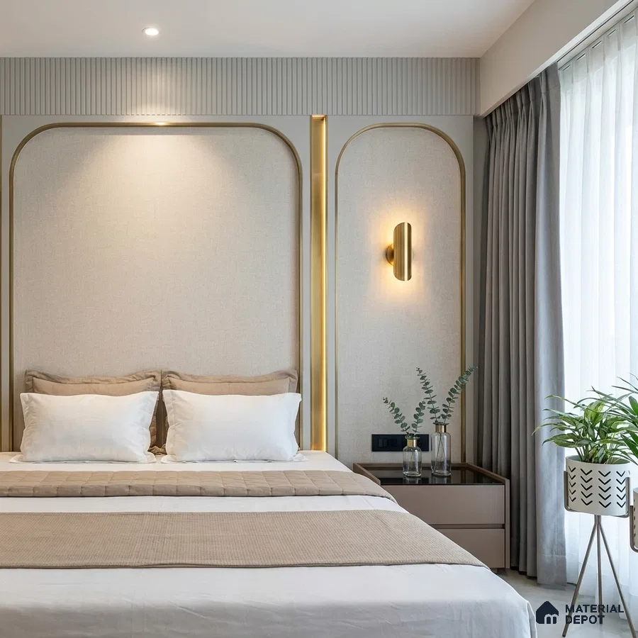 Modern bedroom with beige fabric wall panels, gold accent trims, and neutral palette